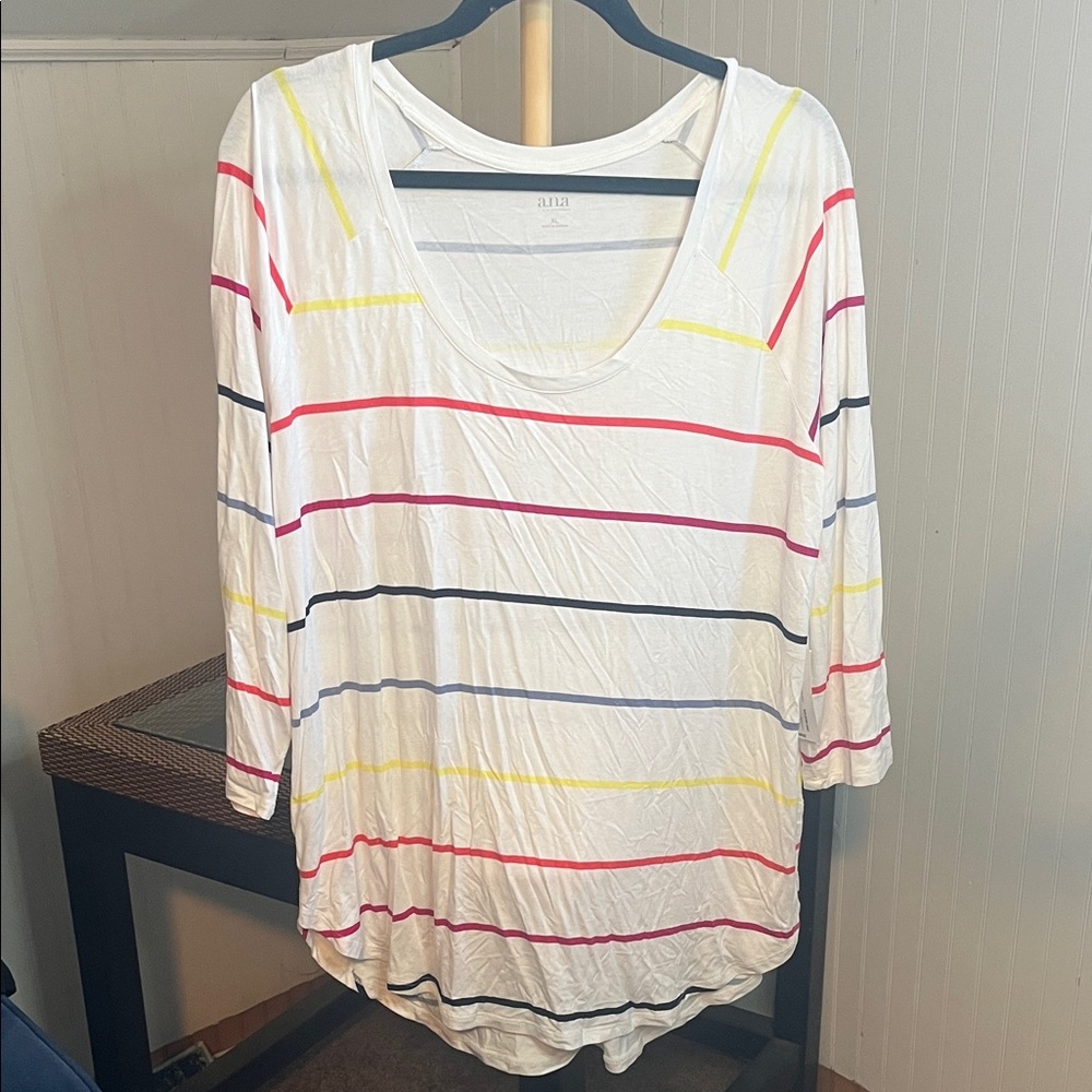 White Scoop Neck Striped Women’s Top - Multi-Color Stripes